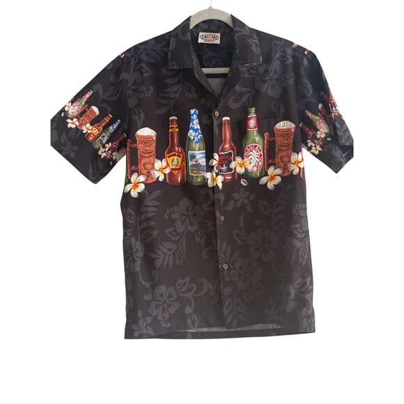 VTG Pacific Legend Hawaii SS Black Aloha Shirt Button Down Beer Bottle Floral M - Picture 1 of 16